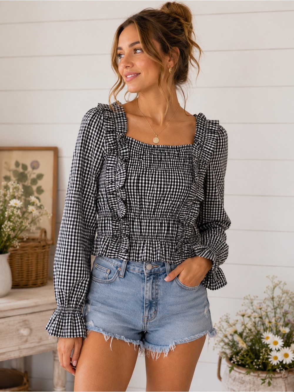 Smocked Gingham Ruffle Crop Long-Sleeve Top  - S